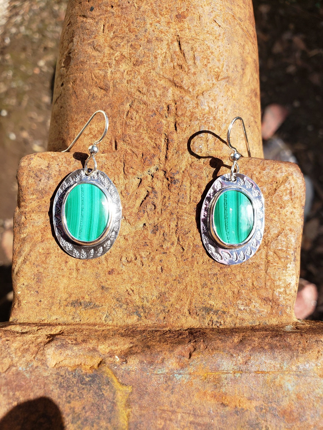 Malachite in sterling and fine silver dangle earrings