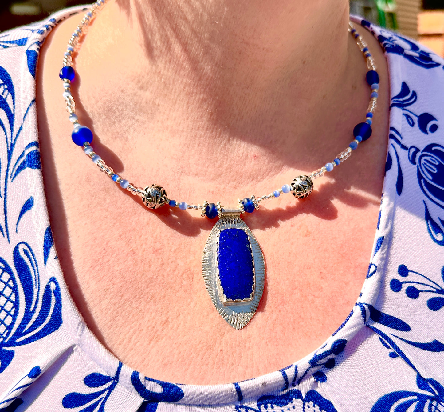 Lapis Lazuli pendant with custom beaded necklace