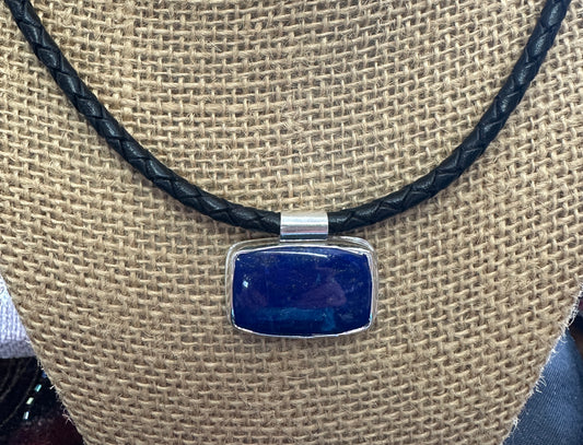 Lapis Lazuli block in sterling and fine silver on black braided leather