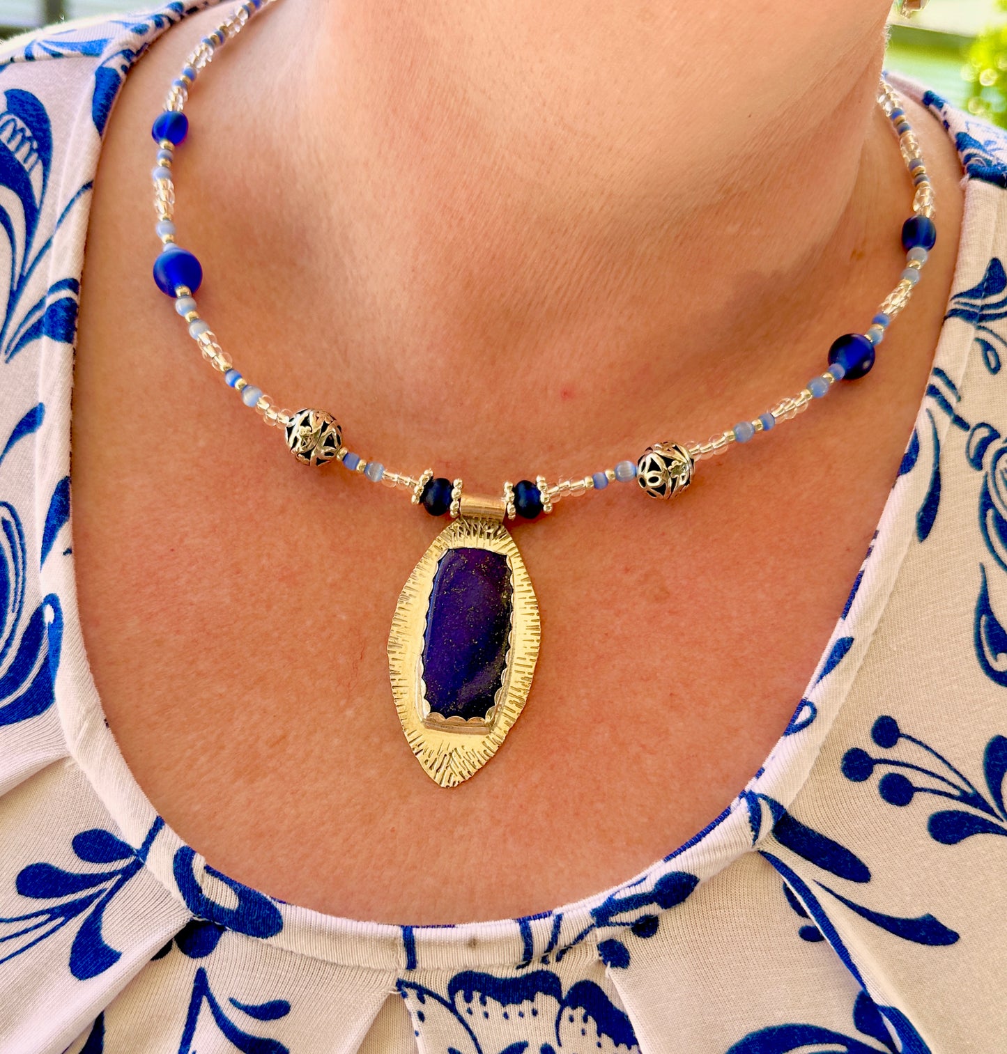 Lapis Lazuli pendant with custom beaded necklace