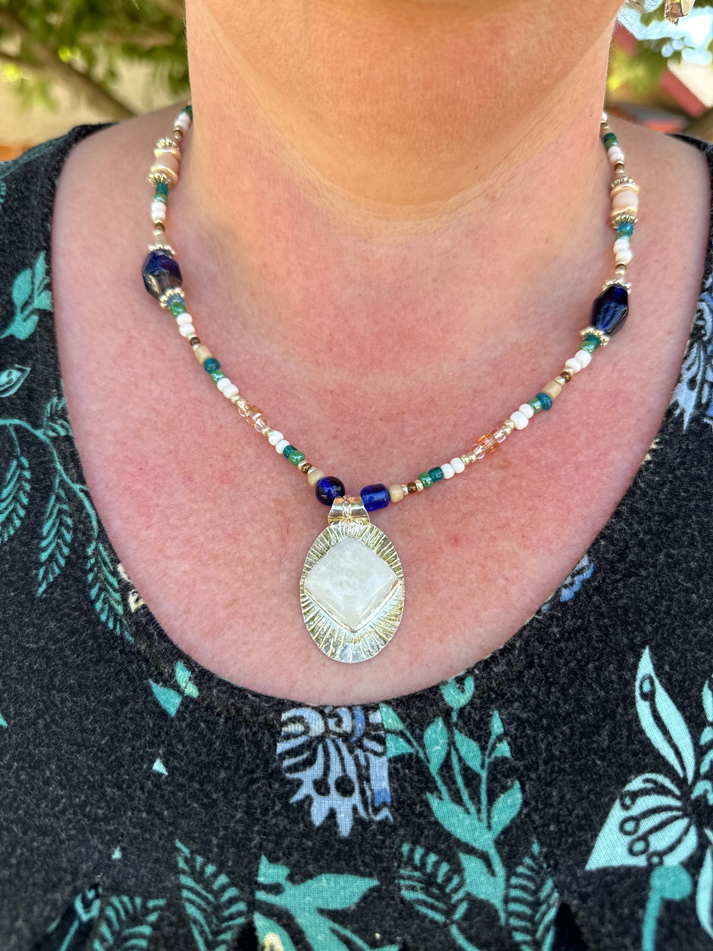 Rainbow Moonstone Sterling Silver Pendant with a Custom Beaded Necklace