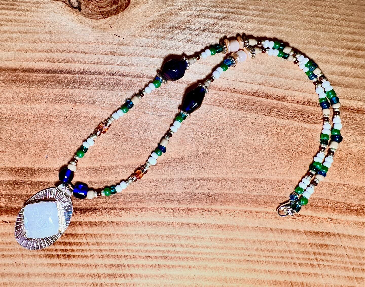 Rainbow Moonstone Sterling Silver Pendant with a Custom Beaded Necklace