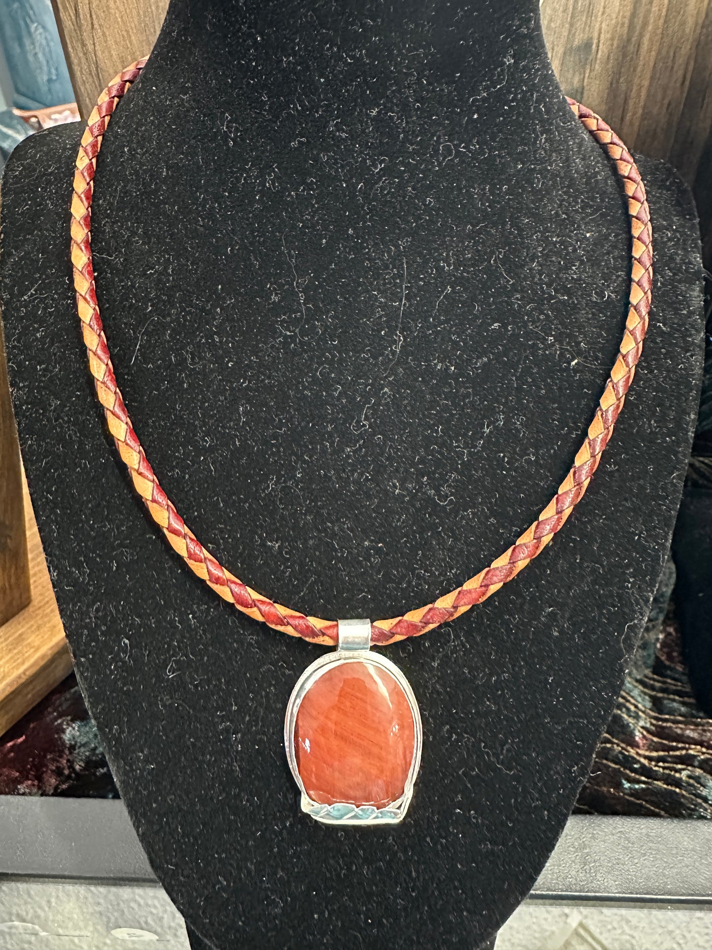 Red Tiger's Eye in Sterling and Fine Silver on a braided leather cord