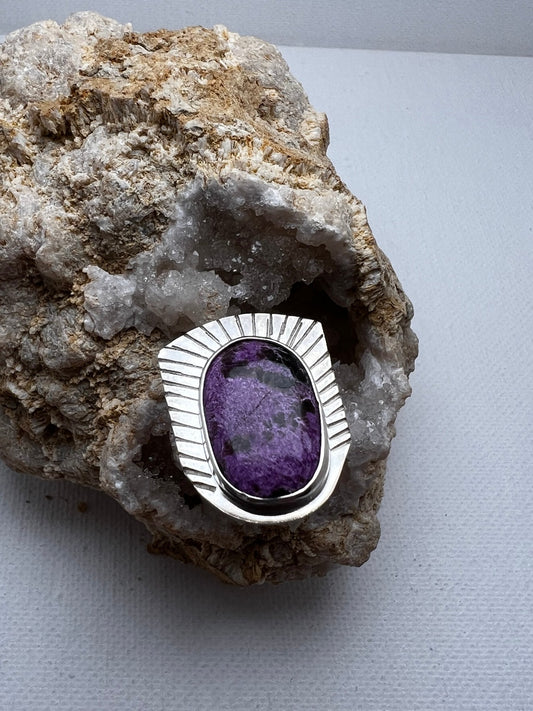 Charoite in Sunburst Sterling Silver ring, size 7