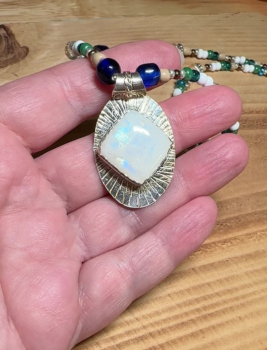 Rainbow Moonstone Sterling Silver Pendant with a Custom Beaded Necklace