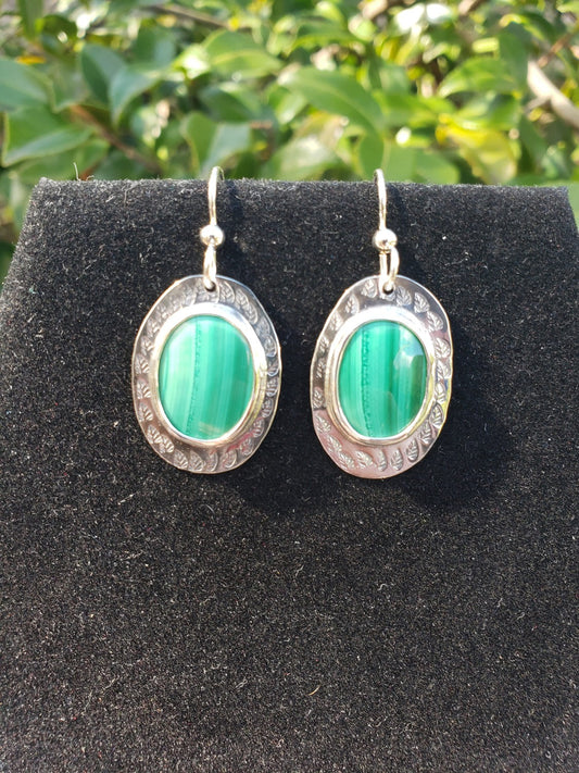 Malachite in sterling and fine silver dangle earrings